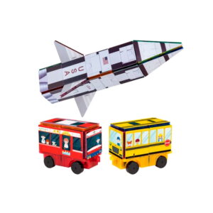 SET MAGNETICO STEAM 64 PIECE Rocket, Train and School Bus Theme Set uego temático de 64 PIEZAS de cohetes, trenes y autobuses escolares Picasso Tiles PT64